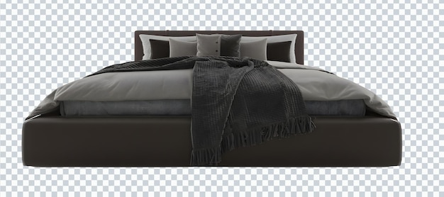 Luxury modern gray, black, brown leather bedding set. Bed. Front View