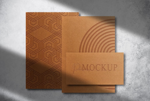 luxury papers and business card brown paper embossed mockup