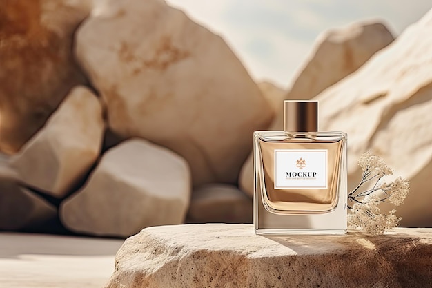 PSD luxury perfume mockup in the desert