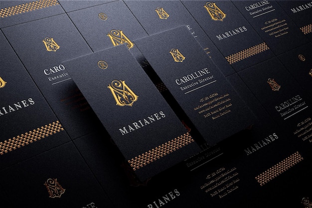 Luxury perspective business card mockup with foil letterpress effects