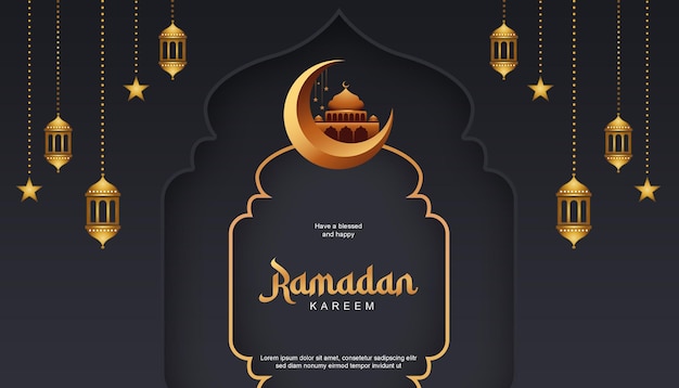 Lusso ramadan kareem banner design paesaggio moderno semplice nero dorato 16