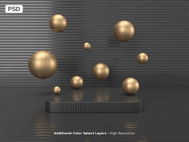 製品ディスプレイ用の豪華でリアルな暗い表彰台。金色の球体が浮かぶ暗いテクスチャーのシーン。