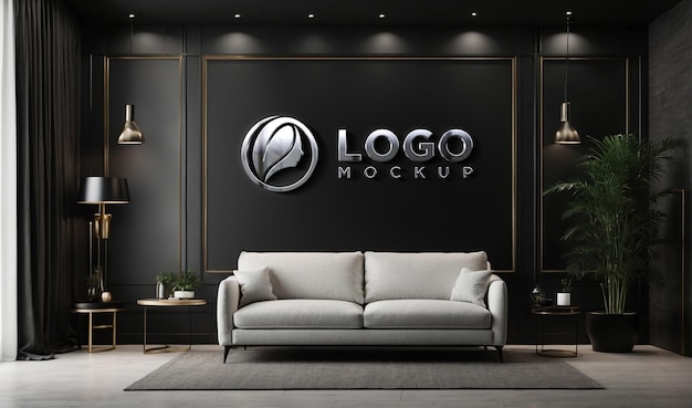 PSD luxury realistic sign chrome black wall logo mockup