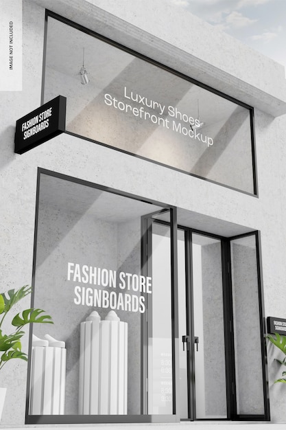 Luxury shoes storefront mockup, low angle view
