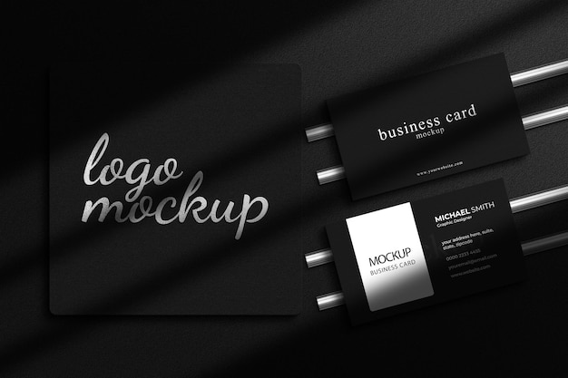 Luxury silver foil logo mockup with luxury business card mockup and shadow overlay