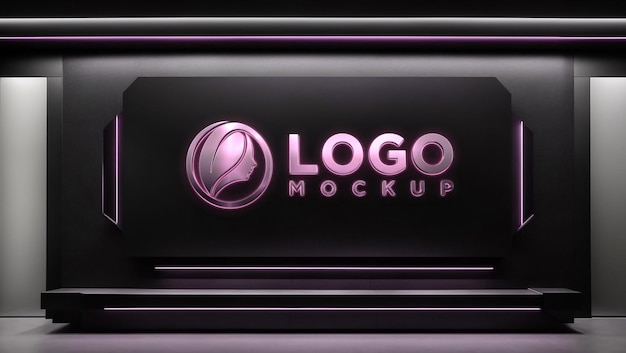 PSD luxury silver metallic pink light neon logo mockup