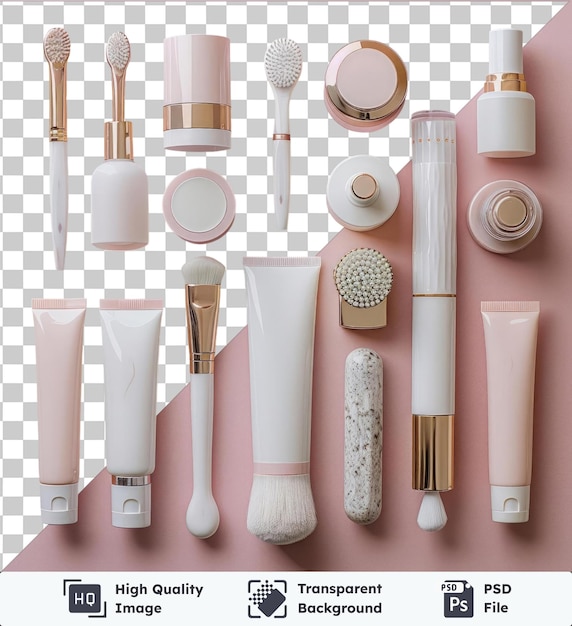 PSD luxury skincare and facial tools set displayed on a pink wall featuring a white brush round mirror and round circle