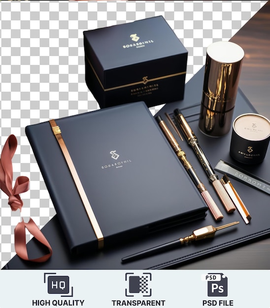 PSD articoli di cancelleria di lusso e scrittura con una scatola nera, una penna d'argento e una rosa rosa su un tavolo nero