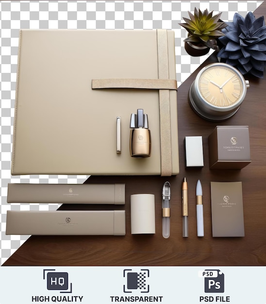 PSD luxury stationery and writing set a white box silver pen and clock on a brown wooden table