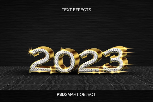 豪華な壁2023ゴールド3Dテキストスタイルのモックアップ