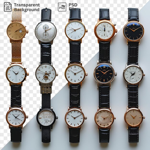 PSD luxury watch collection set against a white wall featuring a variety of styles including black brown gold and white clocks