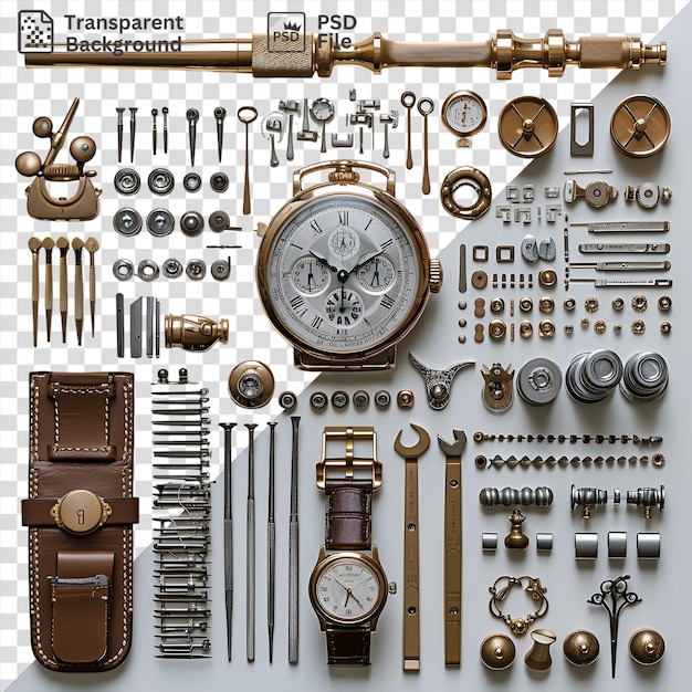 Luxury watchmakers tools set displayed on a white wall featuring a gold clock silver and metal tools and a brown leather wallet