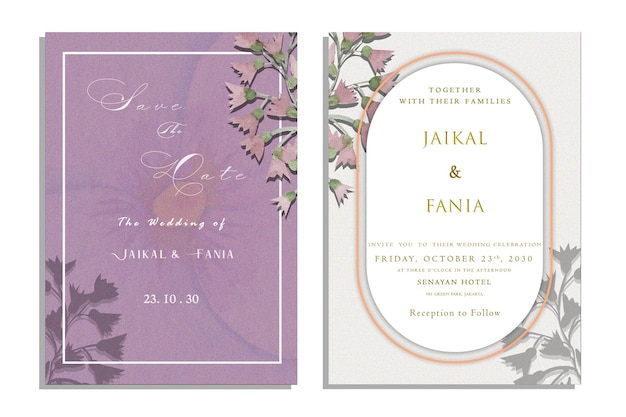 PSD luxury wedding invitation card background with golden line art flower and botanical leaves, organic