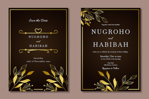 PSD luxury wedding invitation with gold leaf ornament