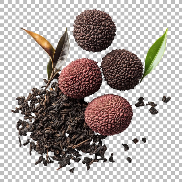 Lychee Fruit and Tea Leaves Isolated on White Background 3D Rendering