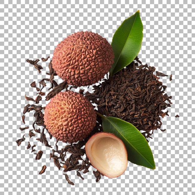 Lychee Fruit and Tea Leaves Isolated on White Background 3D Rendering