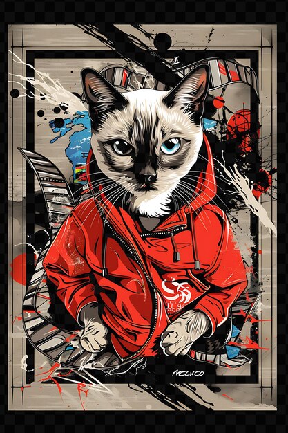 PSD lynx point siamese cat with a marathon pose wearing a marath frame decor collage ink art design psd