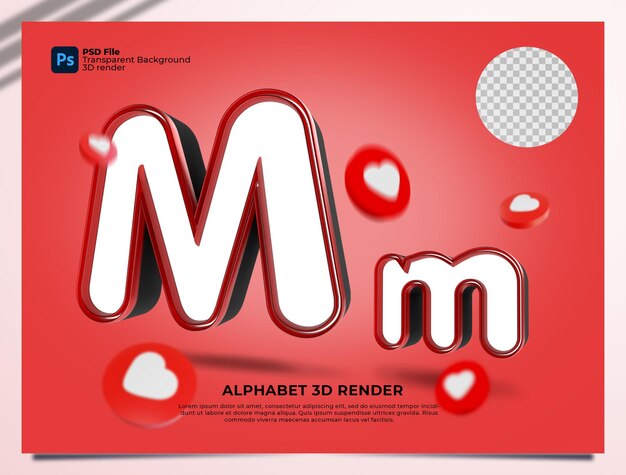 M alphabet 3d render colore rosso con elementi