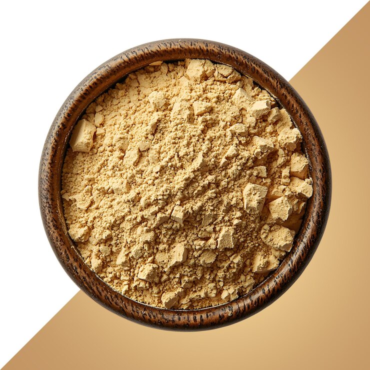 PSD maca powder in the bowl top view studio lighting ultradetailed realistic isolated on transpare
