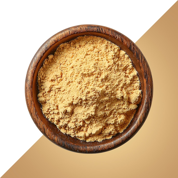 PSD maca powder in the bowl top view studio lighting ultradetailed realistic isolated on transpare