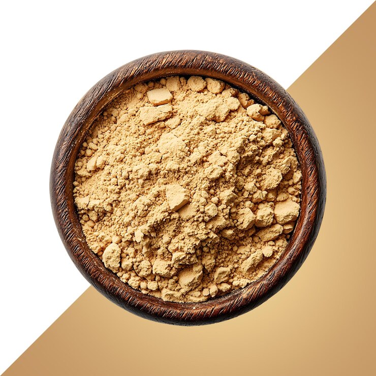 PSD maca powder in the bowl top view studio lighting ultradetailed realistic isolated on transpare