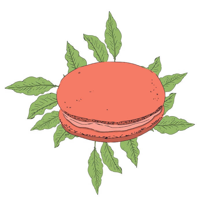 PSD macaron cake on background with branches and leaves green color illustration raster digital coffee