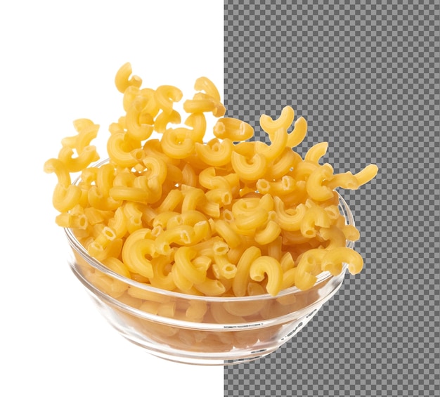 Macaroni fall on glass bowl yellow macaronis pasta float explode abstract cloud fly Curved macaroni pasta splash throwing in Air White background Isolated high speed shutter freeze motion