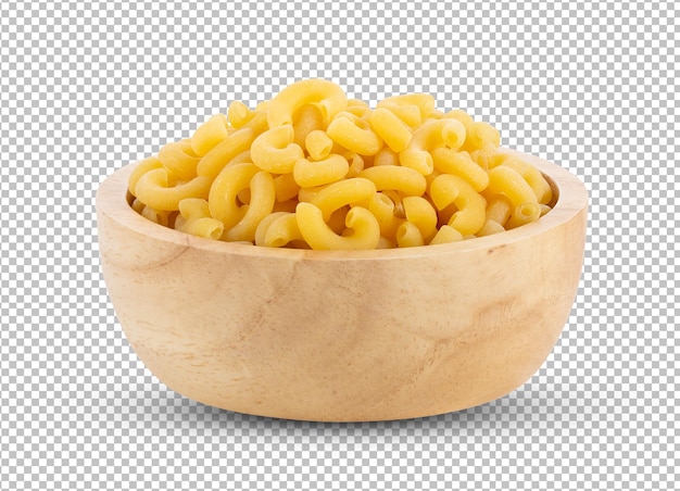 Macaroni pasta in houten kom geïsoleerd op alfalaag