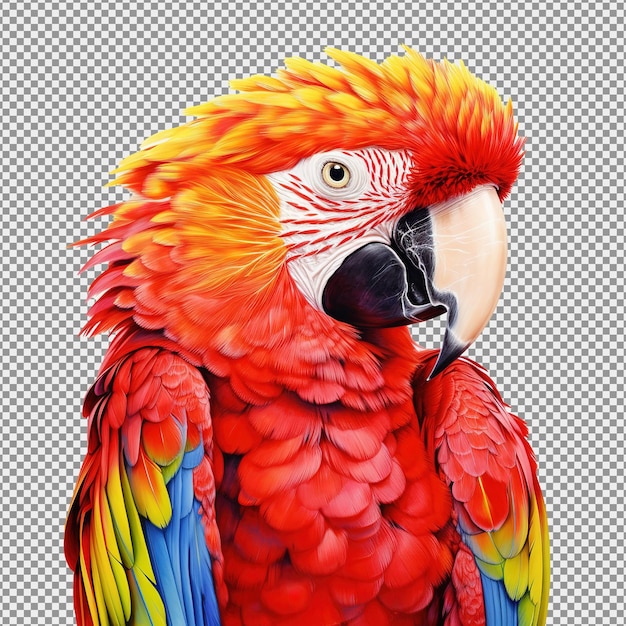 PSD macaw pappagallo uccello sorriso cattura sul ramo dell'albero di legno animale colorato isolato su sfondo bianco