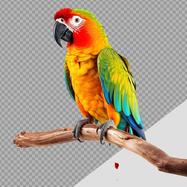 PSD macaw parrot on a branch isolated on transparent background png