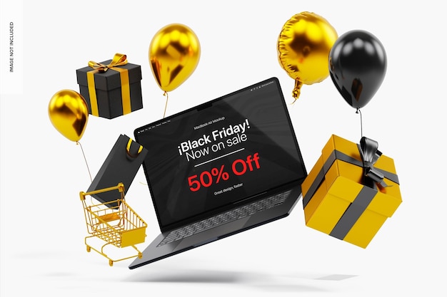 macbook air mockup for black friday celebration falling