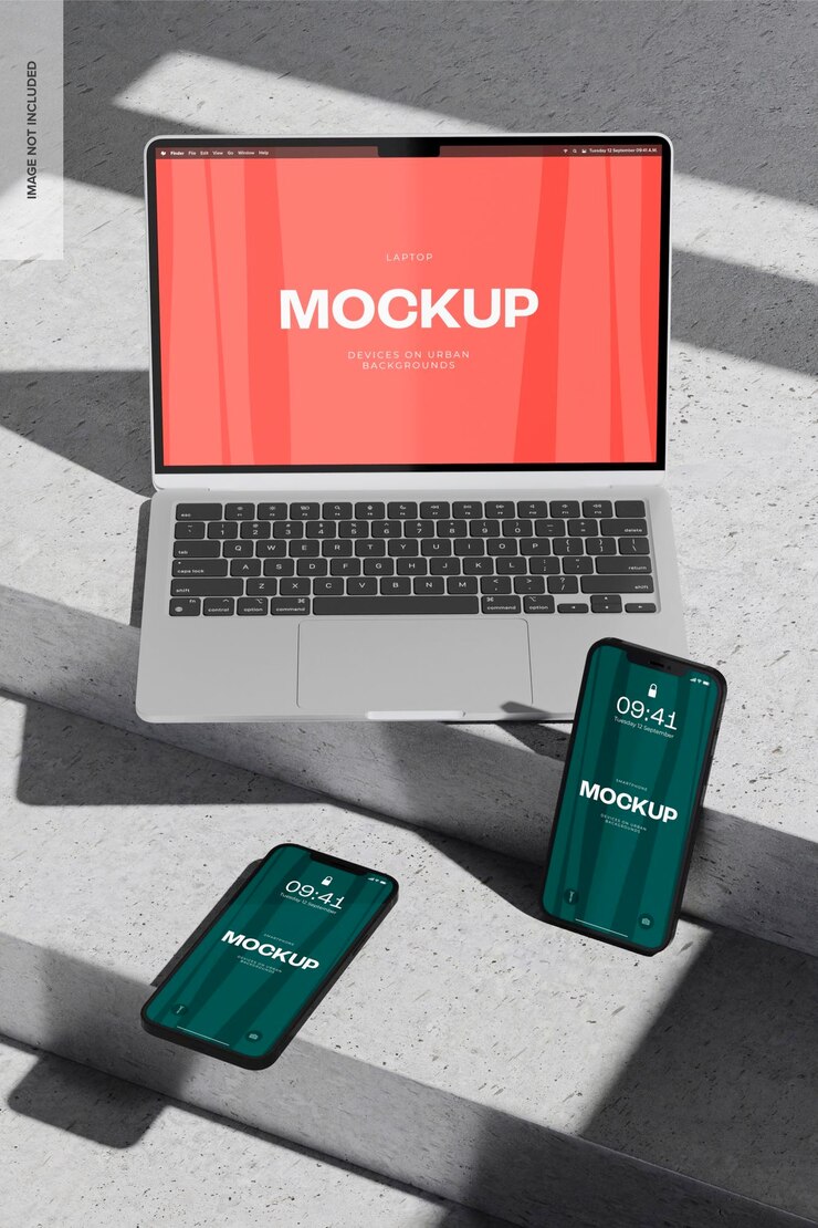 PSD macbook air with iphone on urban background mockup, high angle view