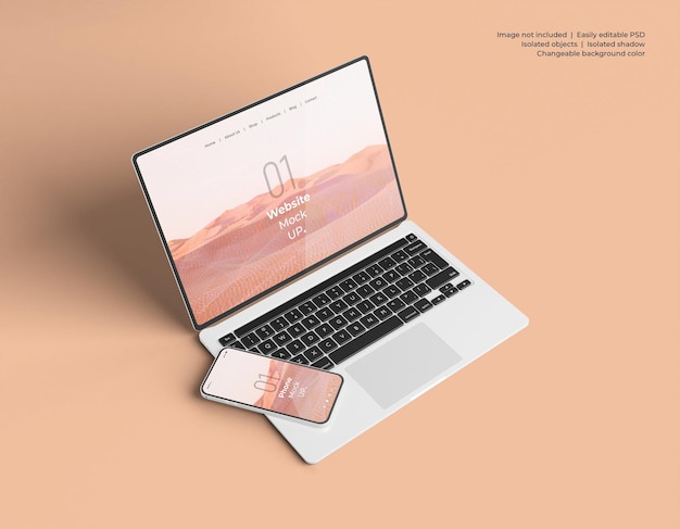 Macbook pro met smartphone website presentatie mockup geïsoleerd