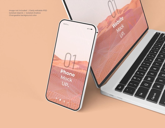 PSD macbook pro with smartphone website presentation mockup isolated