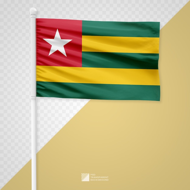 Macha Flagą Togo Na Białym Metalowym Słupie Odizolowanym Na Przezroczystej Tle