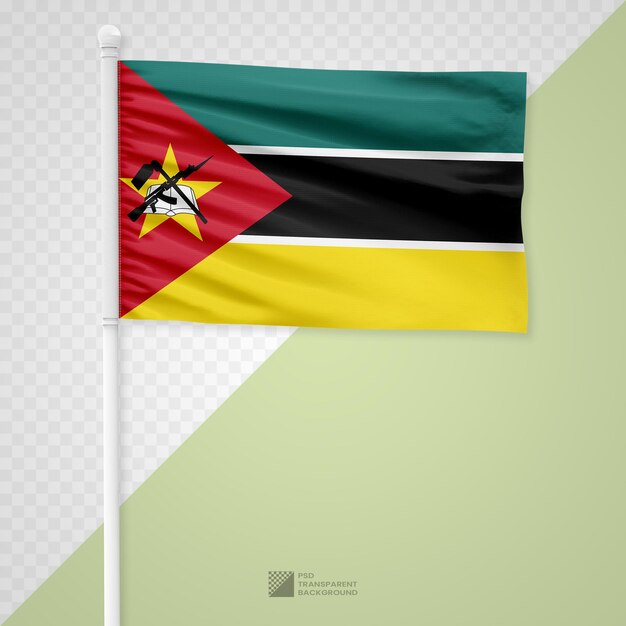PSD machając flagą mozambiku na białym metalowym słupie odizolowanym na przezroczystym tle