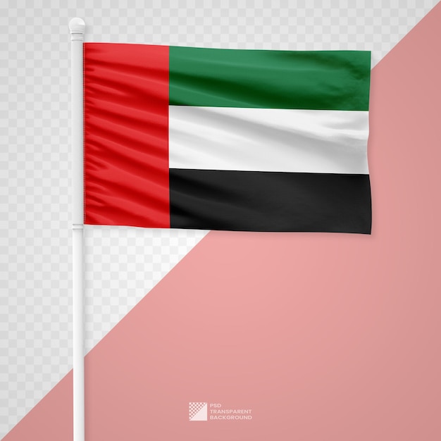 PSD machająca flagą zjednoczonych emiratów arabskich na białym metalowym słupie izolowanym na przezroczystej tle