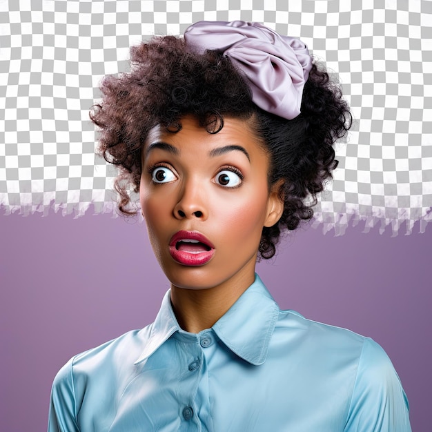 PSD machinist muse wavy haired african american in soft gaze set against periwinkle perfection
