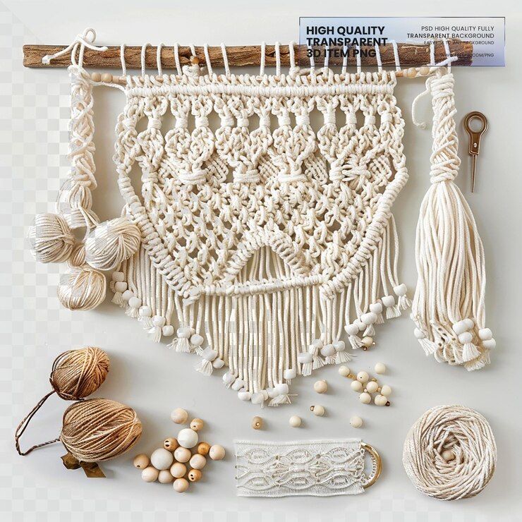PSD macrame kit with cords beads and accessories on transparent background