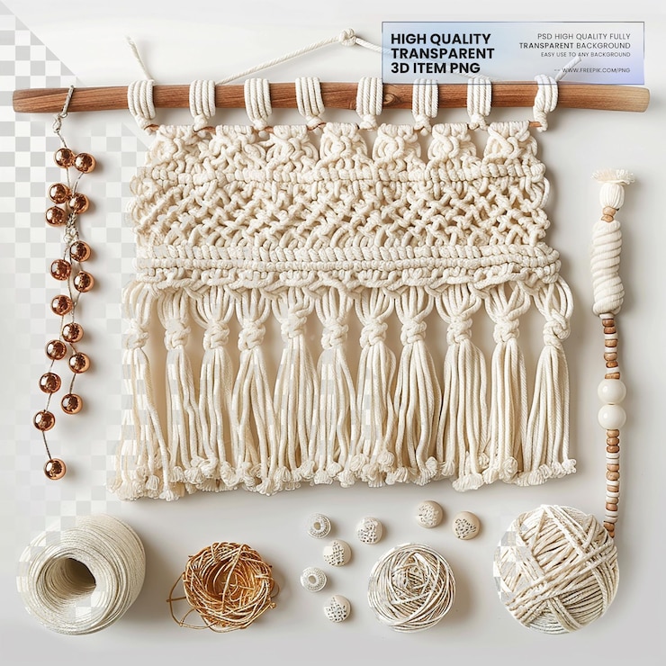 PSD macrame kit with cords beads and accessories on transparent background