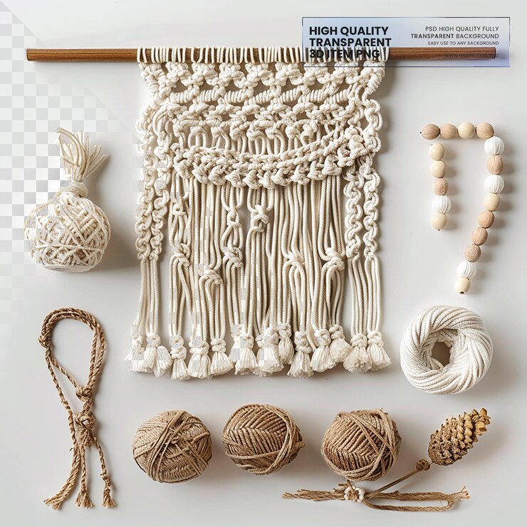 PSD macrame kit with cords beads and accessories on transparent background