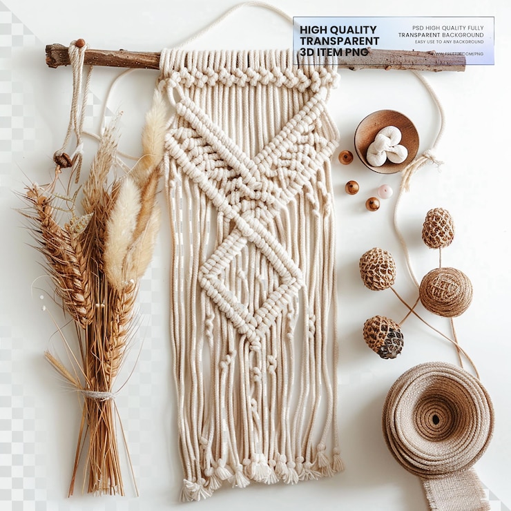 PSD macrame kit with cords beads and accessories on transparent background