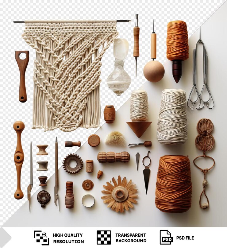 PSD macrame and weaving tools set on a transparent background