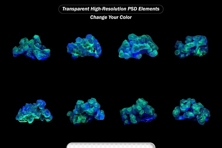 PSD macro mineral stone opal under ultraviolet light on a black background