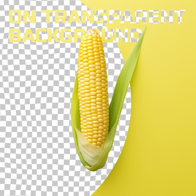 Macro photography of a corn on the cob with a green leaf on a transparent
