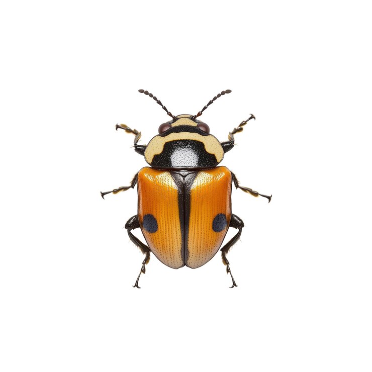 PSD macro photography of a colorful beetle with black white yellow and orange patterns on its shell