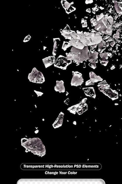 PSD macro shot of falling and flying salt crystals isolated on black