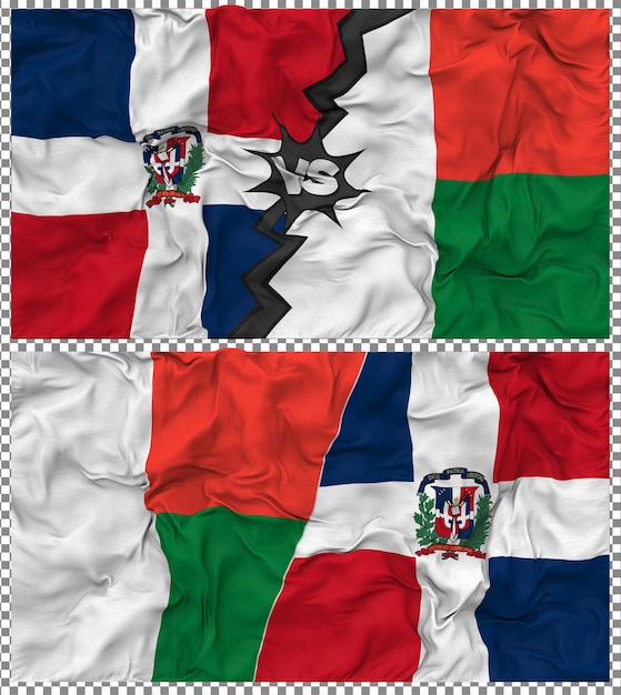 Madagaskar przeciwko Dominikanie Półkombinowana Flaga Tkanina Bump Tekstura Rendering 3D