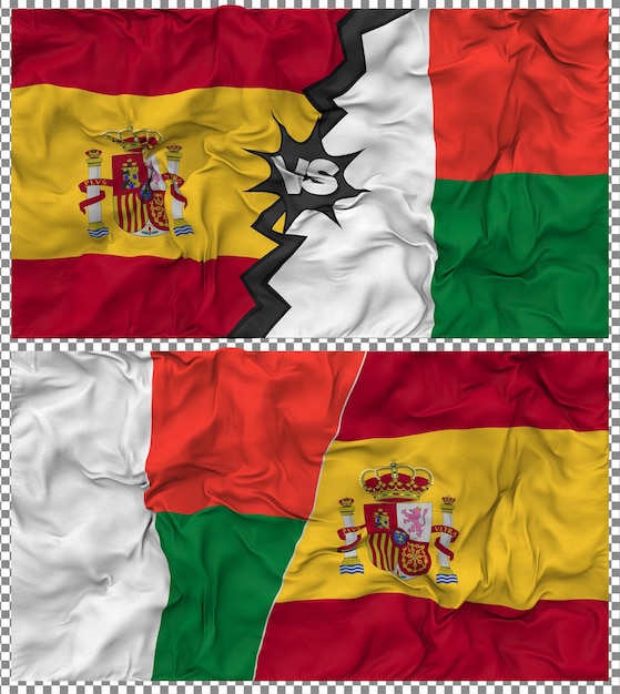 Madagaskar versus Spanje Halve gecombineerde vlag Stof Bump Texture 3D Rendering