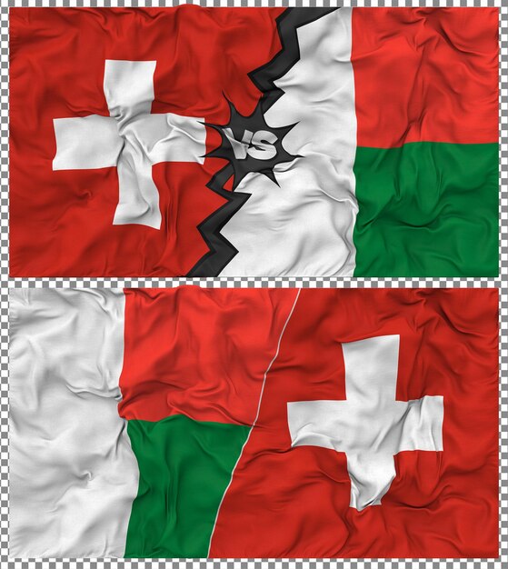 Madagaskar versus Zwitserland Halve gecombineerde vlag Stof Bump Texture 3D Rendering